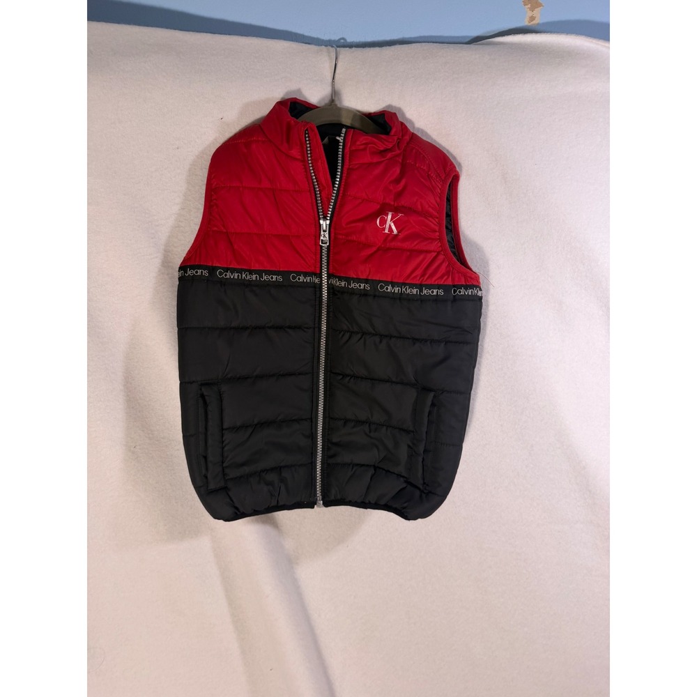 Calvin Klein Jeans Boys Red Black Colorblock Puffer Vest Size 6 CK Logo Zip Up